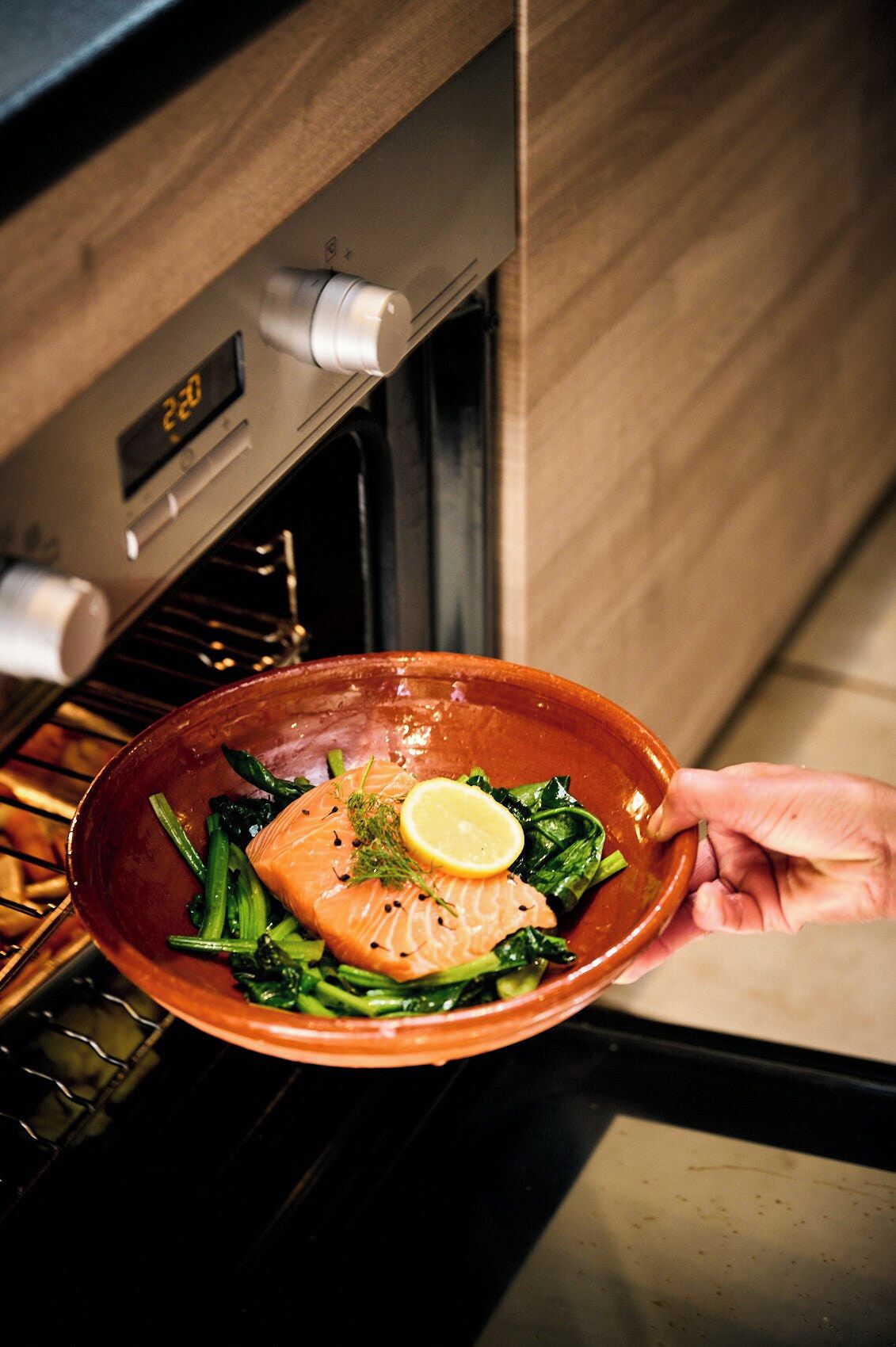 Iemand houdt een bord vast met zalm en groenten, voor een oven.