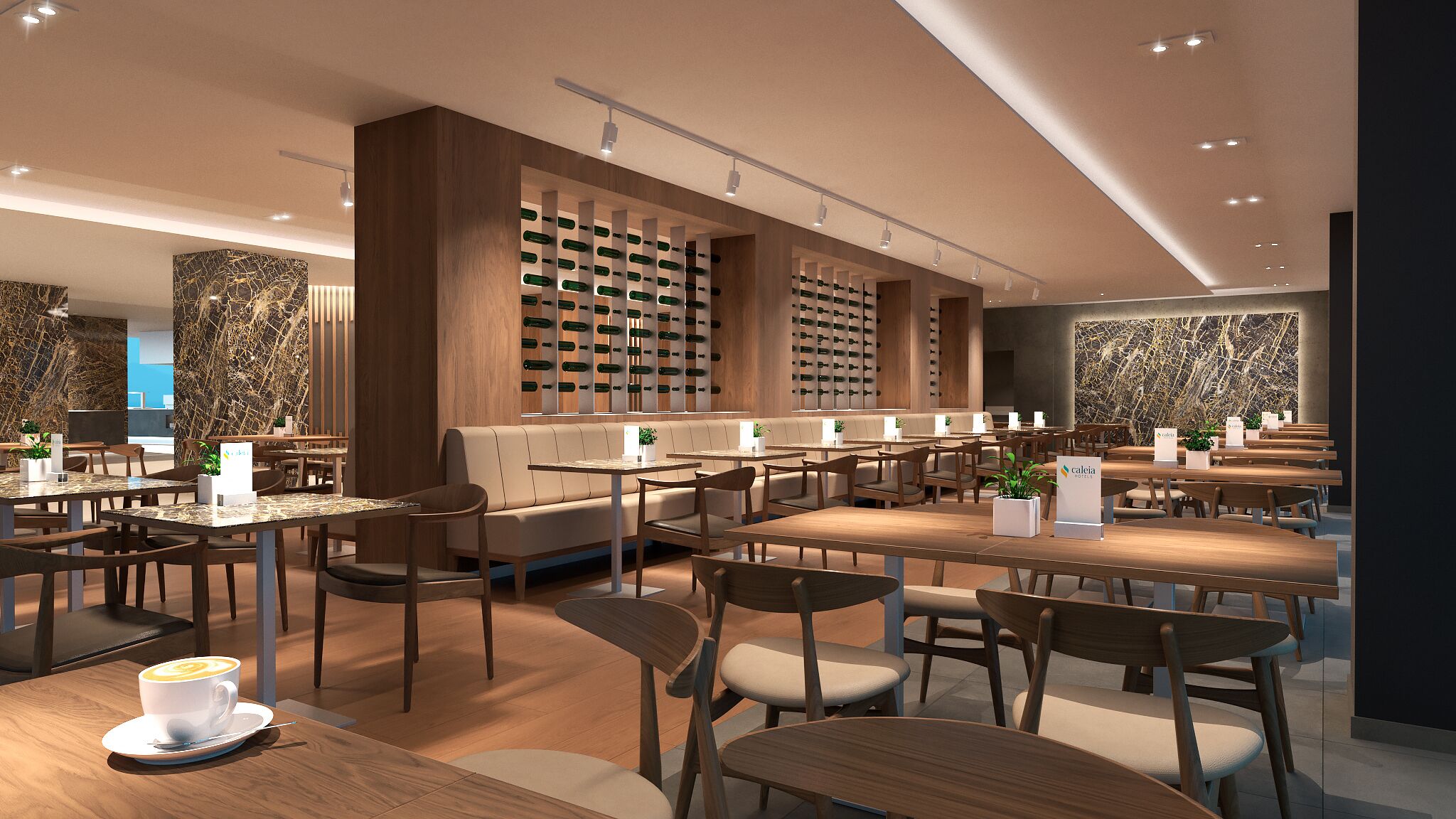 Een moderne hotellobby met een lange receptiebalie, diverse zithoeken en een wand met wijnflessen.