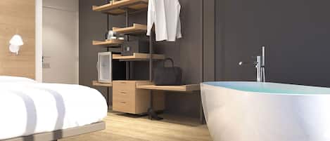 A modern bedroom with a bed, a desk, a wardrobe, and a large bathtub.