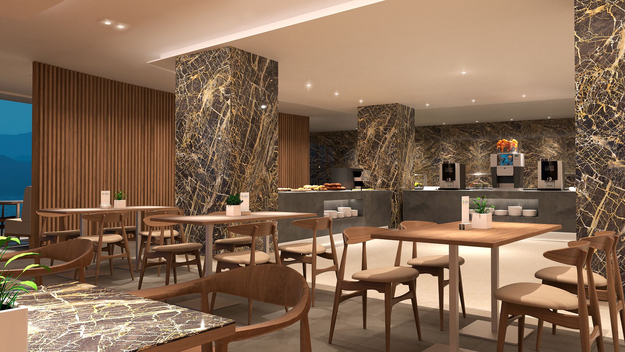 En modern restaurang med väggar i marmor, möbler i trä och utsikt över havet.