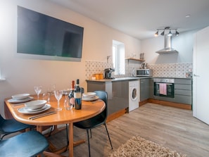 Fridge, microwave, toaster, cookware/dishes/utensils