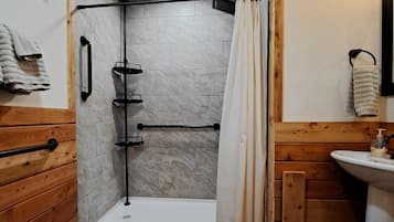 Shower, towels, toilet paper