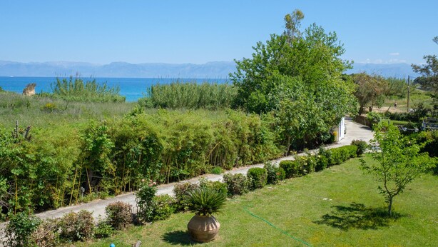 A garden with a pathway leading to a white building, surrounded by greenery and a view of the sea.