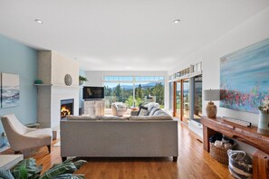 Smart TV, fireplace, books, offices