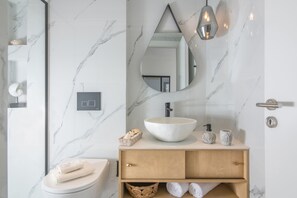 Combined shower/tub, hair dryer, towels, toilet paper