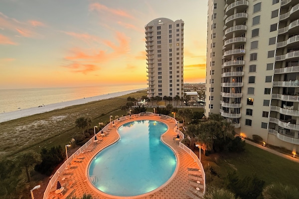 Gorgeous sunset from the balcony overlooking the Olympic size pool