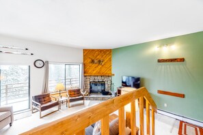 TV, fireplace, books