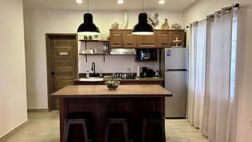 Fridge, microwave, coffee/tea maker, toaster