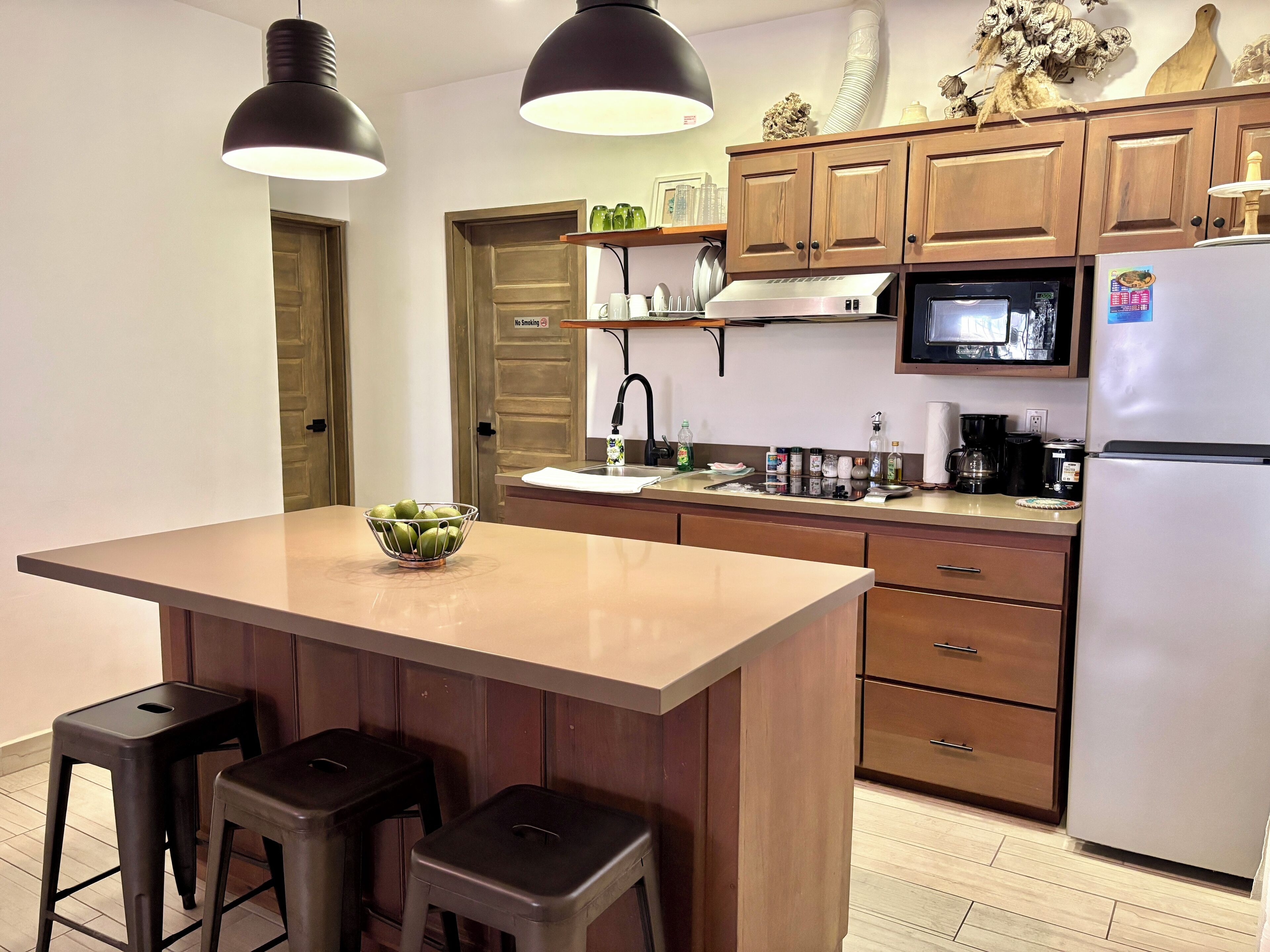 Fridge, microwave, coffee/tea maker, toaster