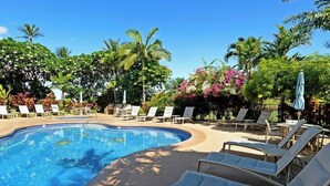 Una piscina con sillas de descanso y plantas tropicales.