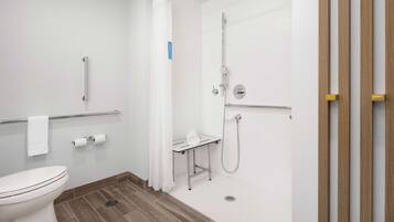 Un bagno moderno con il water, una doccia con soffione a mano e una barra di sostegno.
