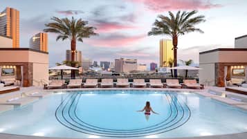7 outdoor pools, open 9:00 AM to 4:00 PM, cabanas (surcharge)