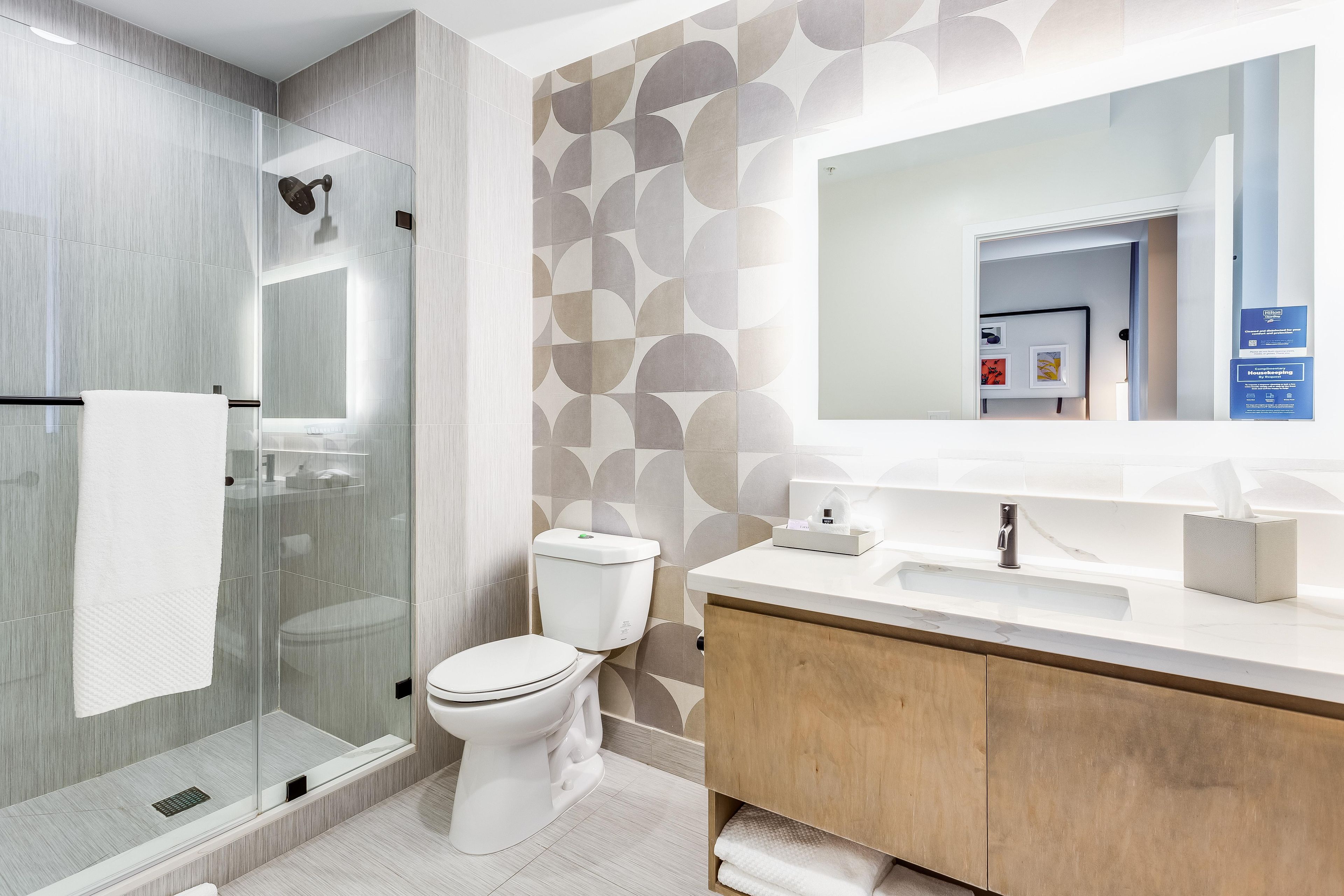 A modern bathroom with a glass shower enclosure, a toilet, and a vanity with a mirror.