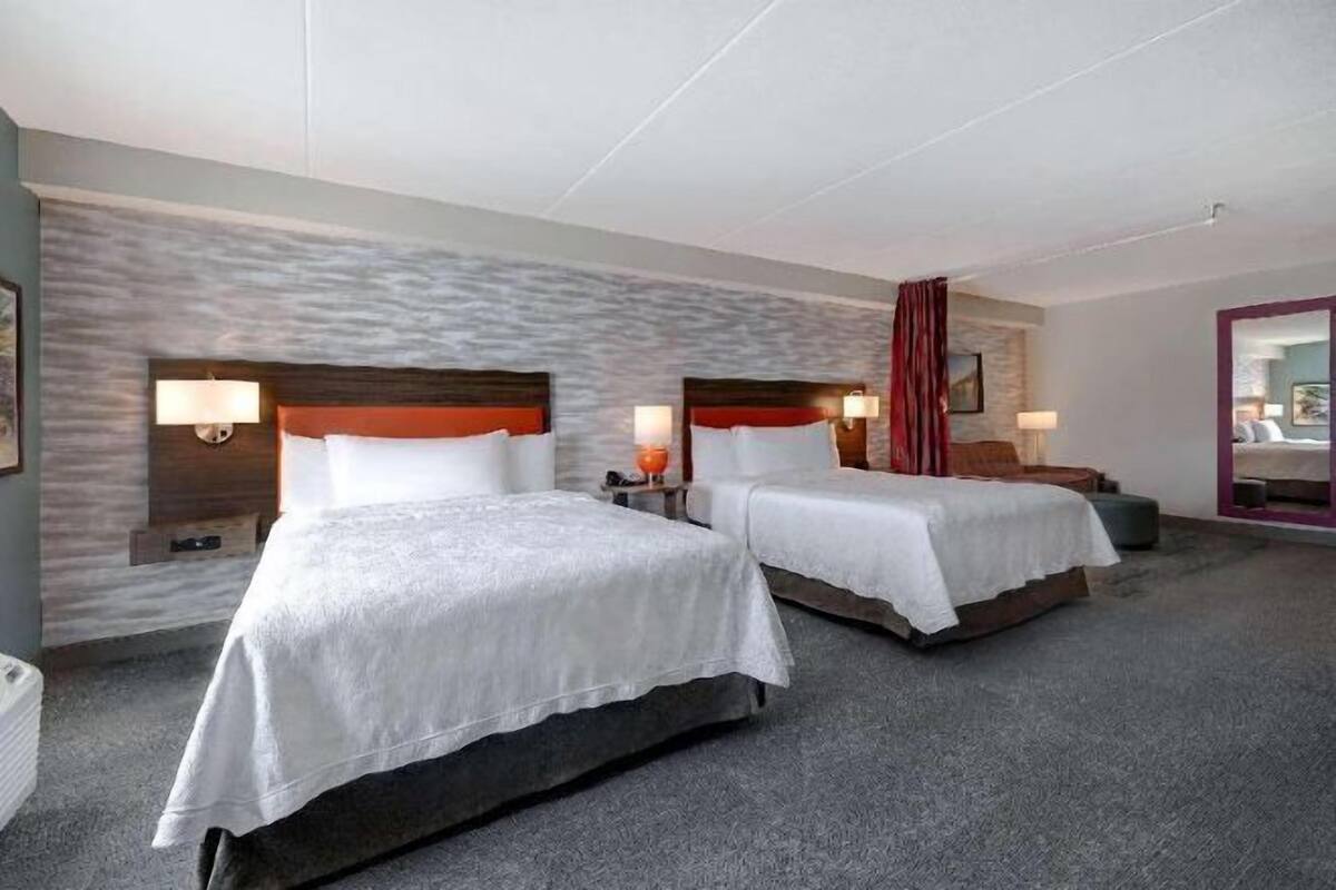 Desk, laptop workspace, blackout curtains, iron/ironing board