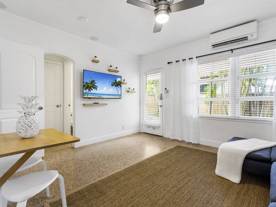 A living room with a TV, a door, a window with blinds, a ceiling fan, and a small table with a pineapple.