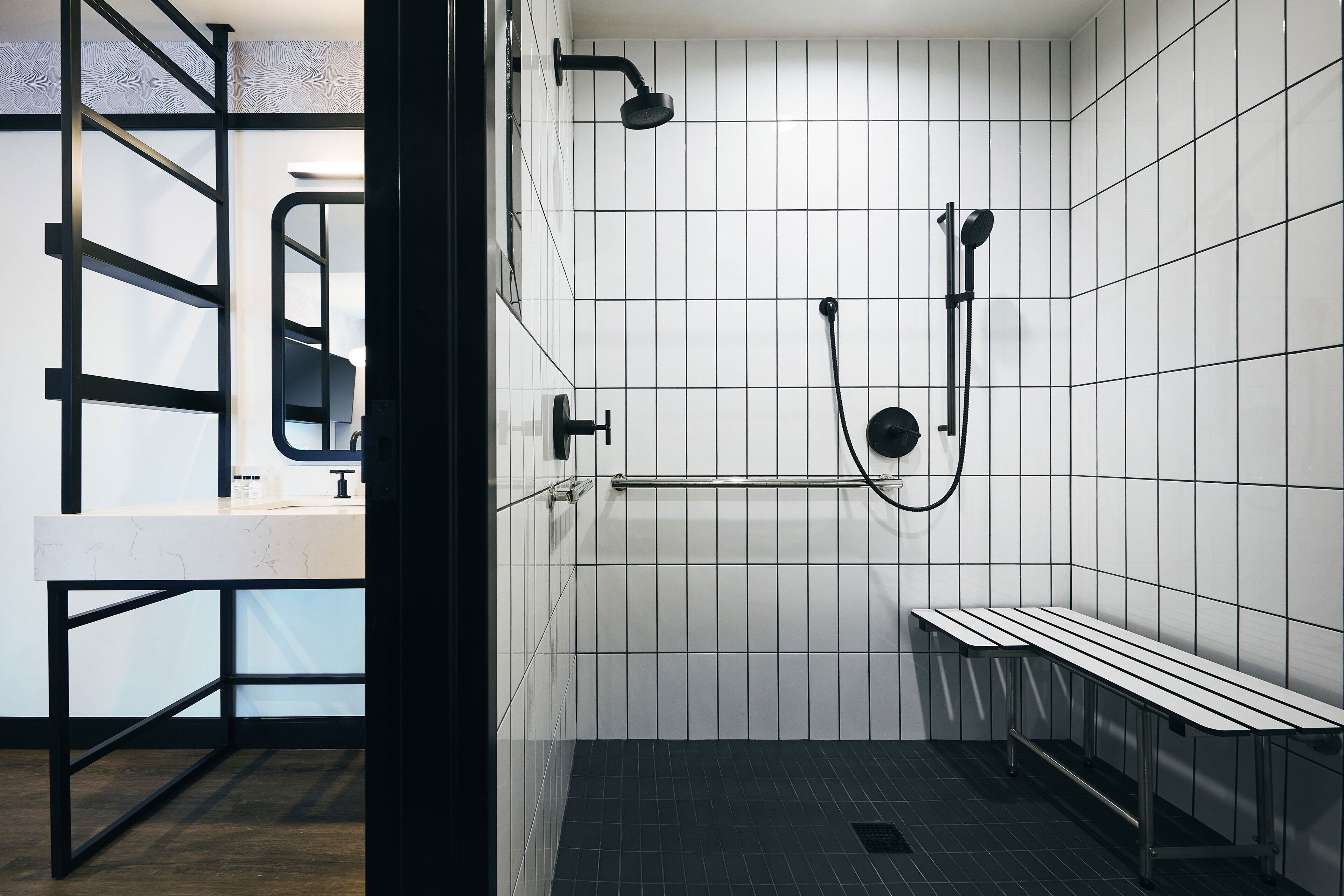 rainfall showerhead, hair dryer, towels, soap