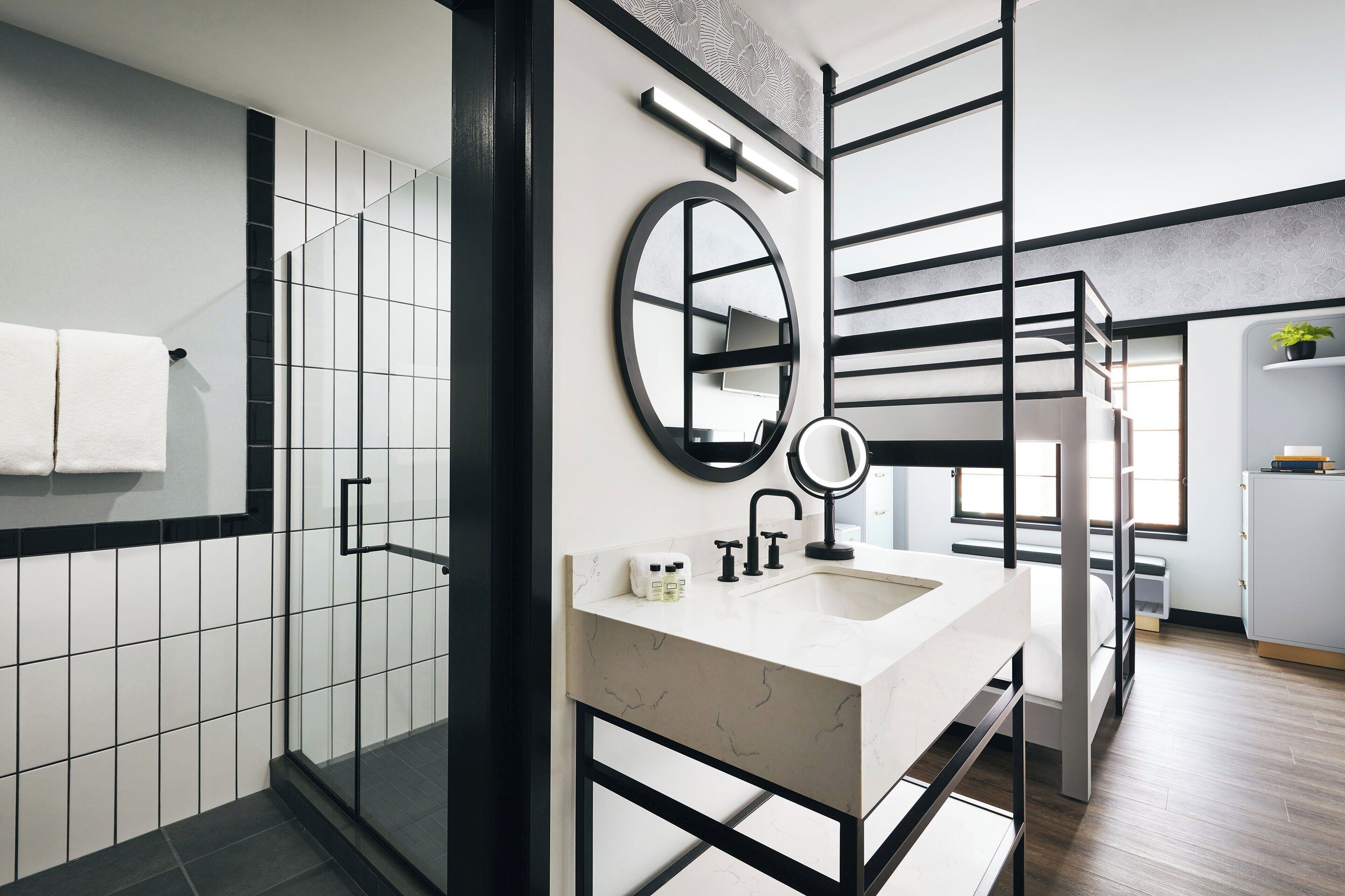 rainfall showerhead, hair dryer, towels, soap