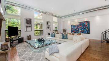 Smart TV, fireplace, books, stereo