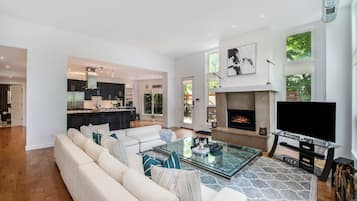 Smart TV, fireplace, books, stereo