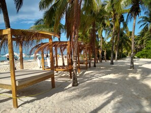 Une plage avec des bancs en bois et des palmiers.