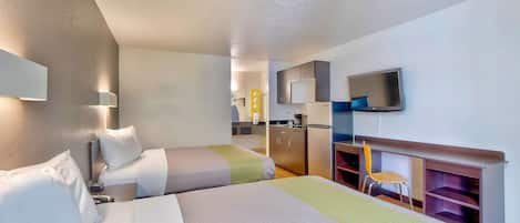 Desk, laptop workspace, free WiFi, bed sheets