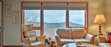 Smart-tv, eldstad, dvd-spelare och böcker