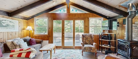 TV, fireplace, books