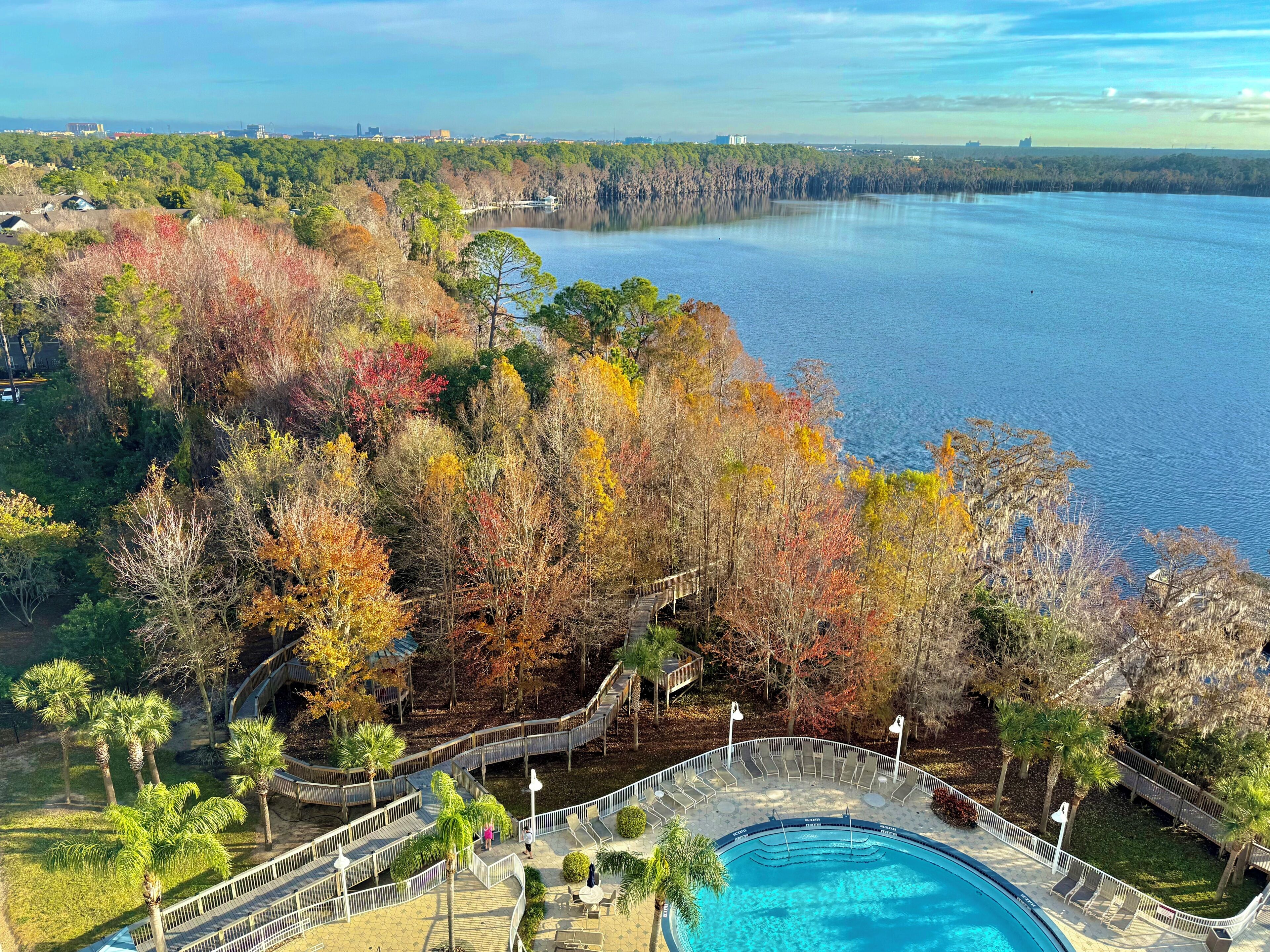 A swimming pool with a wooden deck, surrounded by trees with autumn foliage, overlooking a large body of water.