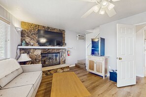 TV, fireplace, table football
