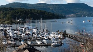 A marina with numerous boats docked, surrounded by hills and a clear sky. - Bliss By the Bay (Brentwood Bay)