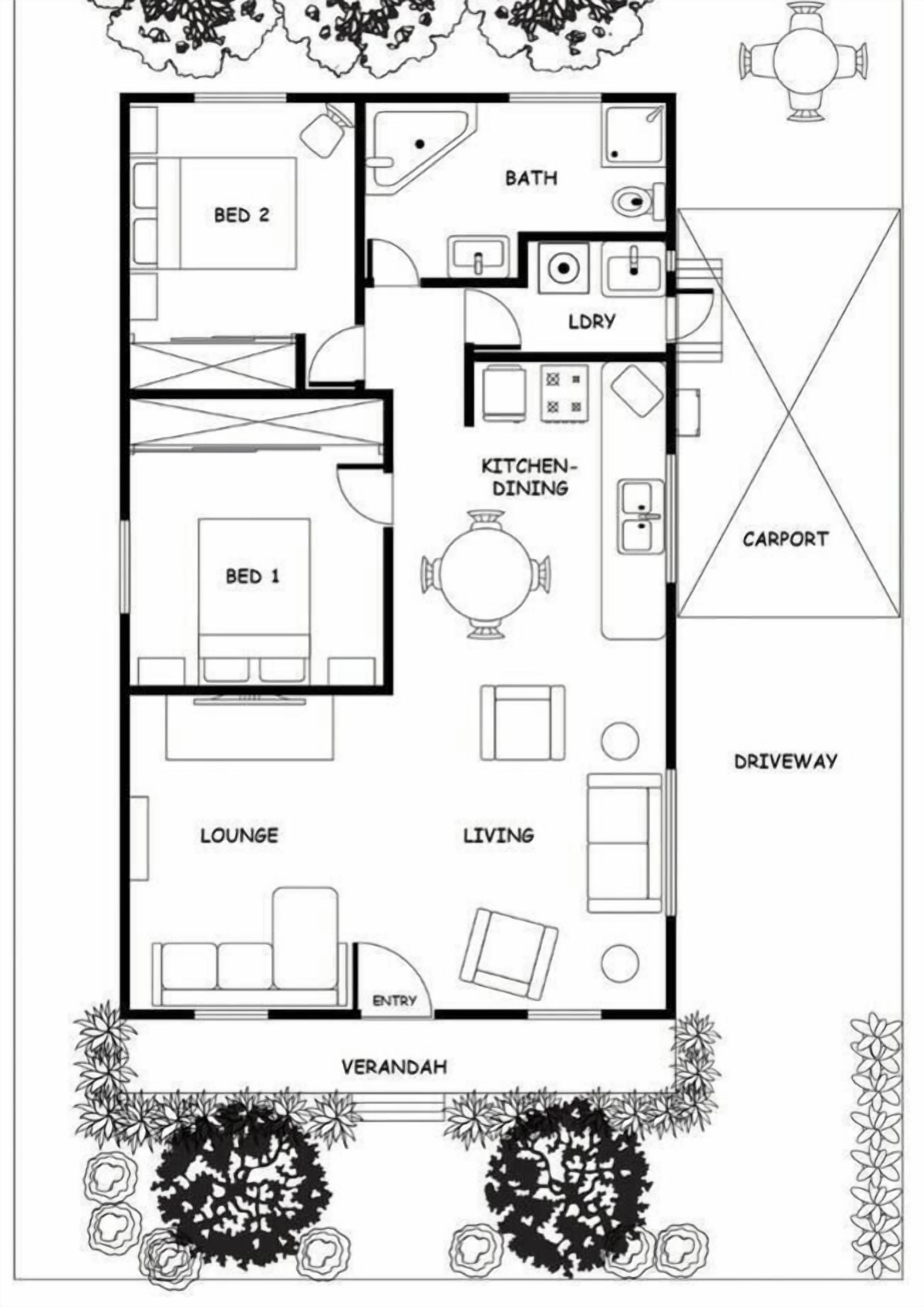 A floor plan with two bedrooms, a bathroom, kitchen-dining area, lounge, living room, and entry.