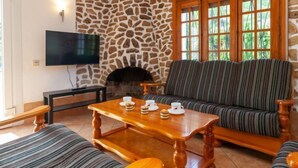 Ein Wohnzimmer mit Steinwand, Kamin, Sofa, Couchtisch und Fernseher.