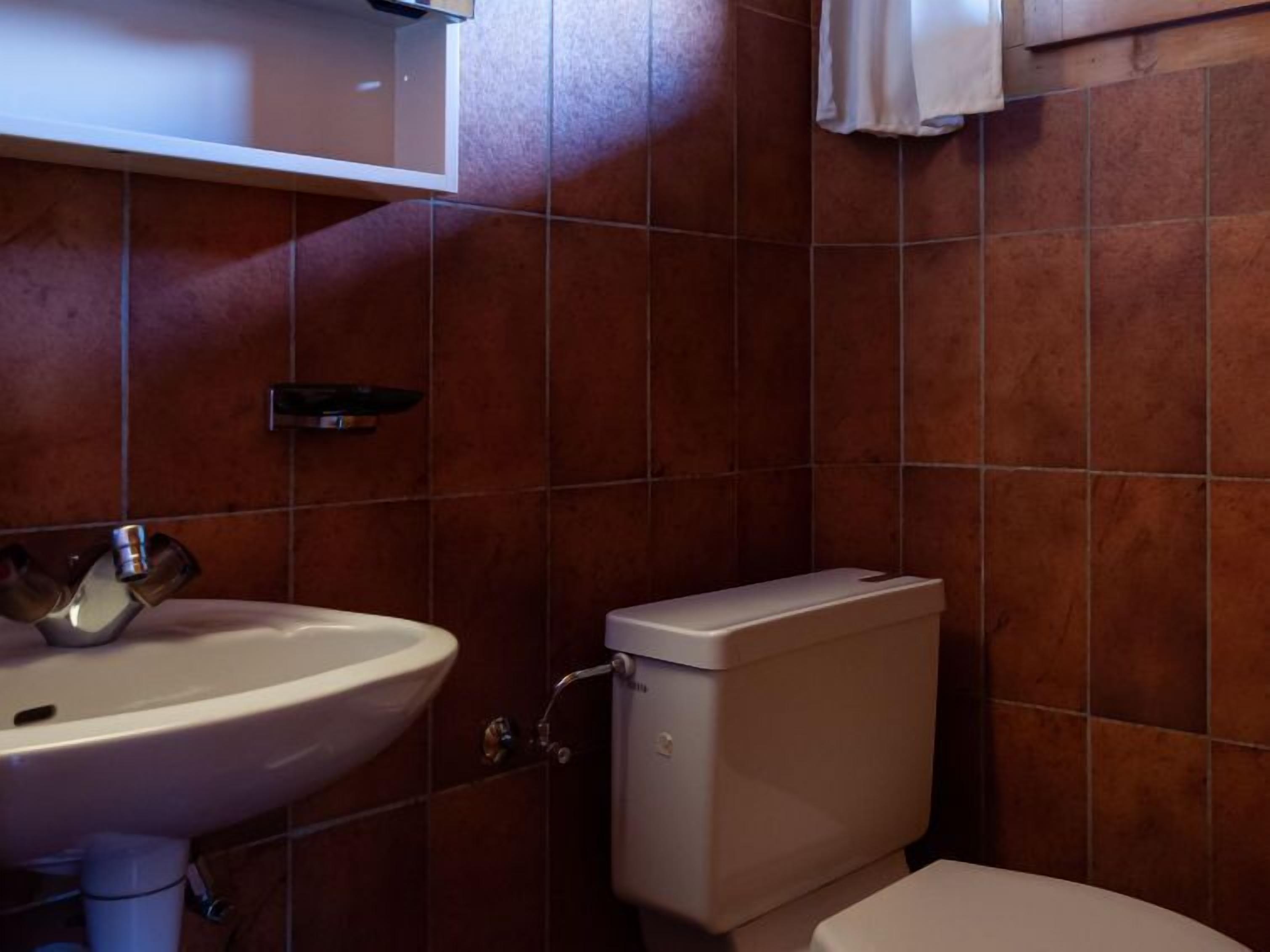 Un bany amb un lavabo blanc, un vàter i parets revestides de rajoles marrons.