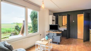 Una habitación moderna con un ventanal grande, televisión, una mesita y un sofá.
