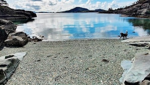 A rocky shoreline with a calm lake, a dog, and distant mountains under a partly cloudy sky. - 6 Person Holiday Home in Hartbakke (Solund)