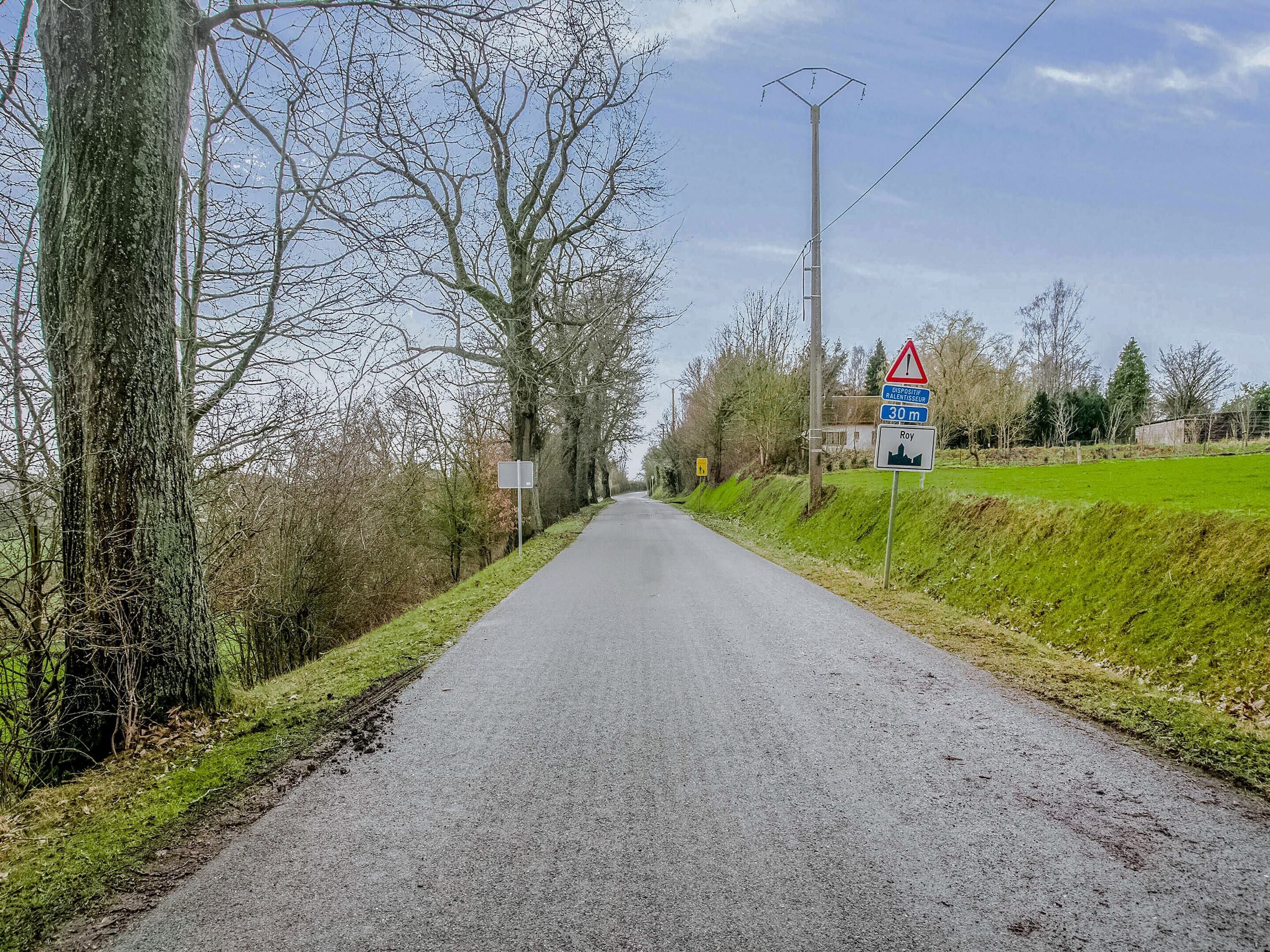 Uma estrada rural com um sinal de alerta, uma linha de energia e um campo verde.