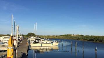 A calm marina with boats docked, a wooden pier, and calm water reflecting the boats.