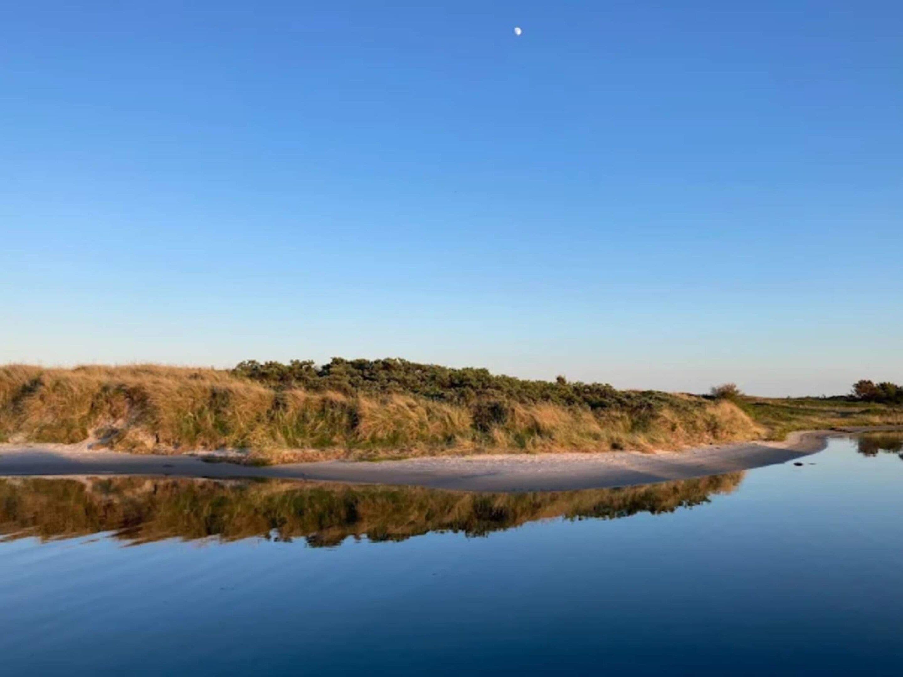 A calm body of water reflecting the sky and a grassy landscape.