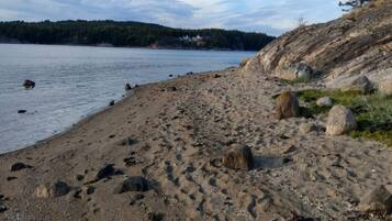 A sandy beach with footprints and rocks, a calm lake, and a forested hill in the background.