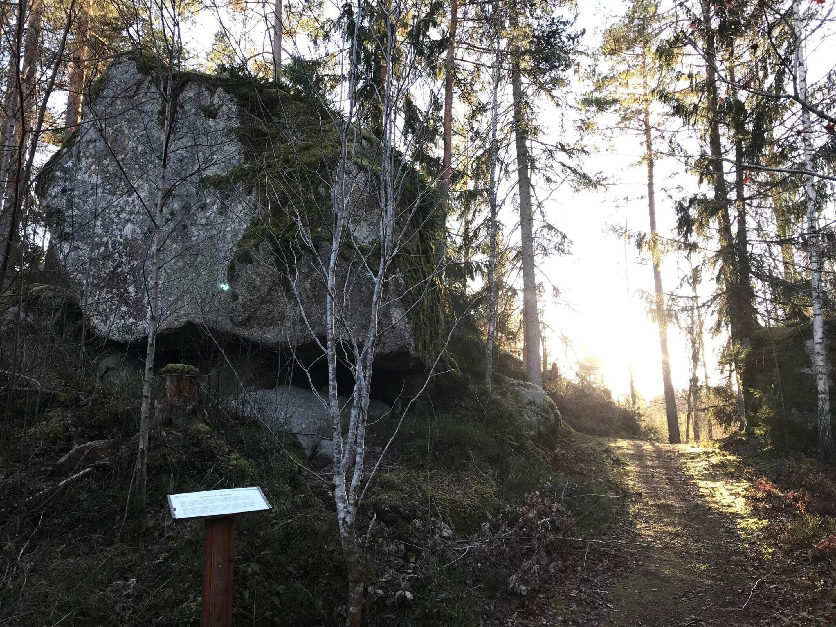 A forested area with a large rock formation, a trail, and a signpost.