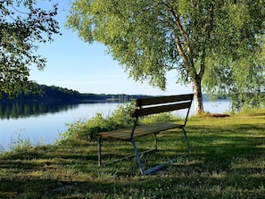 A bench by a lake with a tree providing shade. - 2 Person Holiday Home in Rimforsa (Rimforsa)