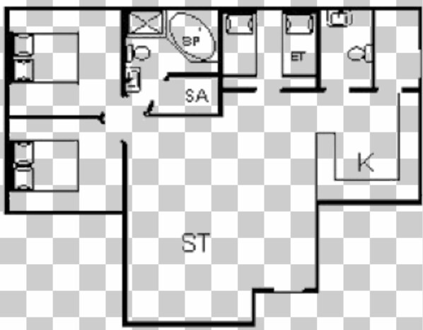 Un plan d’hôtel comprenant un espace central dédié aux services (ST), des chambres (SA et K) et un espace pour le petit-déjeuner (BP).