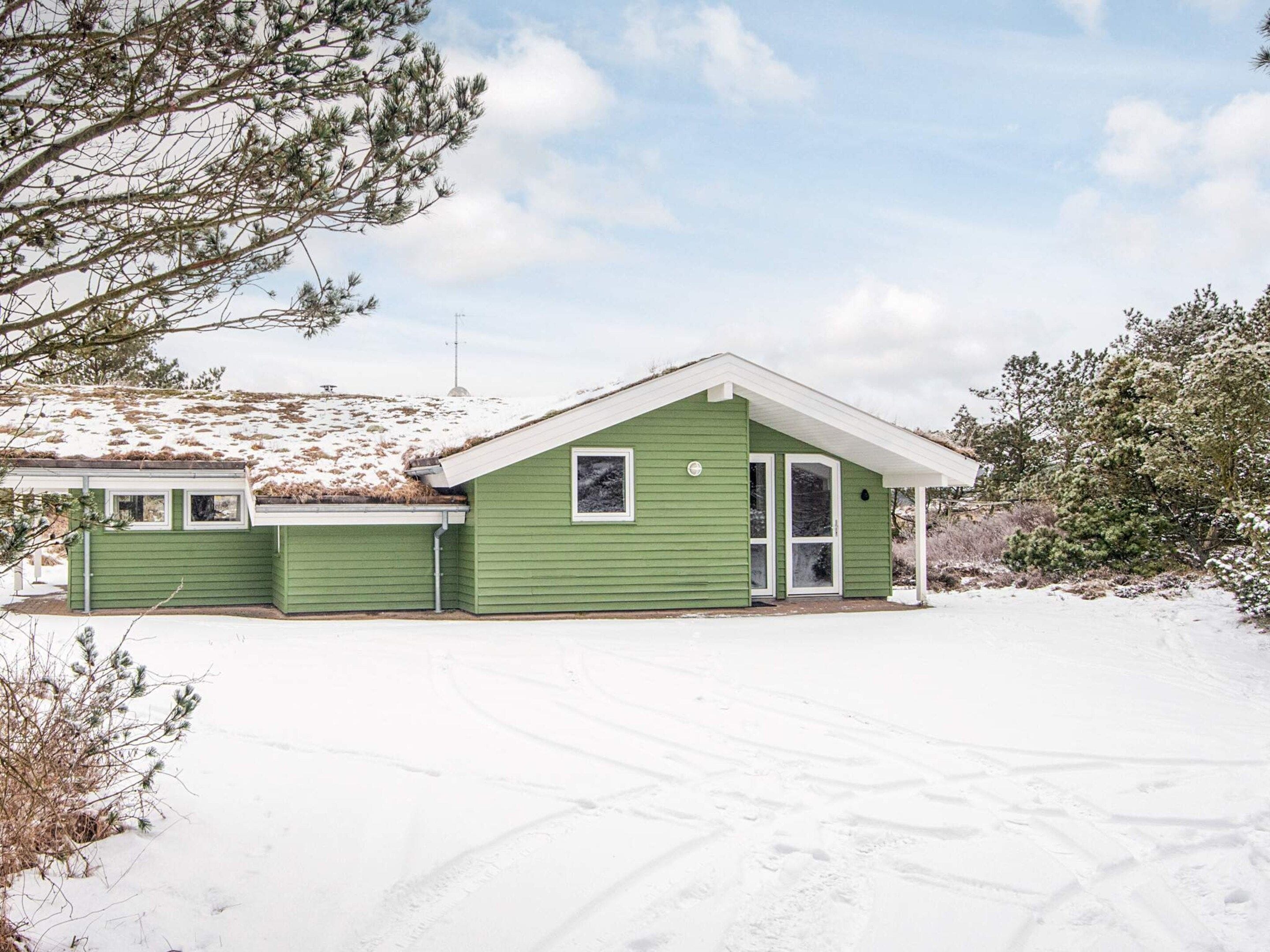 Een groene, gelijkvloerse woning met schuin dak, een veranda en een garage.