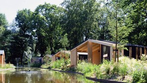 A row of wooden cabins with a pond in the foreground, surrounded by lush greenery. - Modern Chalet With Dishwasher, Near Utrecht (Maarn)