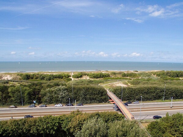 A coastal highway with a pedestrian bridge, greenery, and the sea in the background. - Holiday Home Near North Sea Beach, Breeduyn (Bredene)