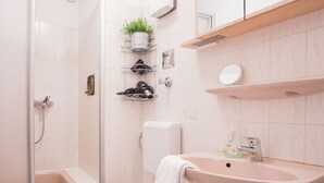 Douche, séchoir à cheveux, serviettes fournies
