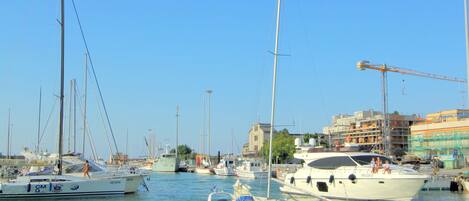 A marina with various boats docked, including sailboats and motorboats.