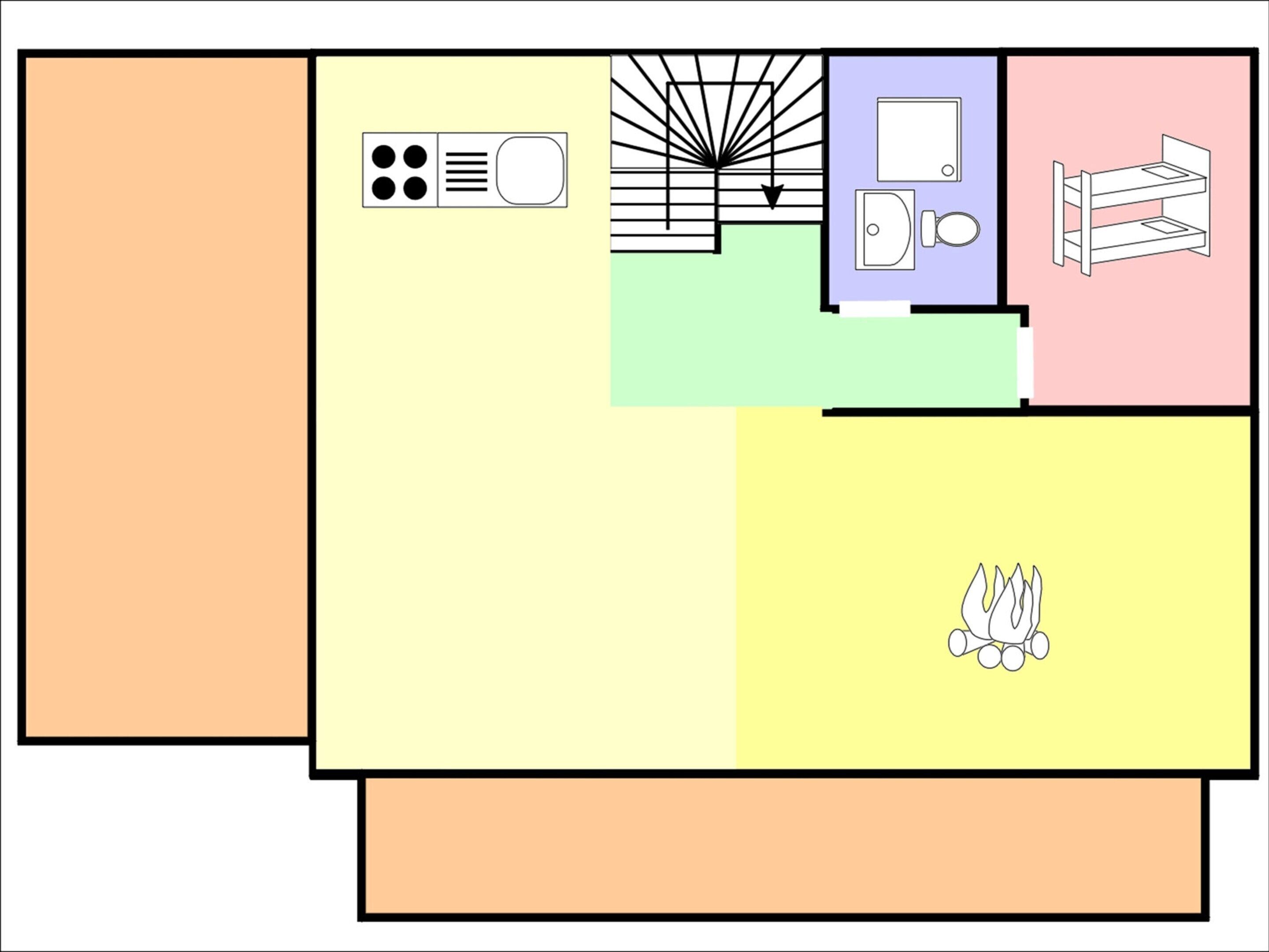 Un plano de planta que muestra una cocina, un baño, un dormitorio y una sala de estar.