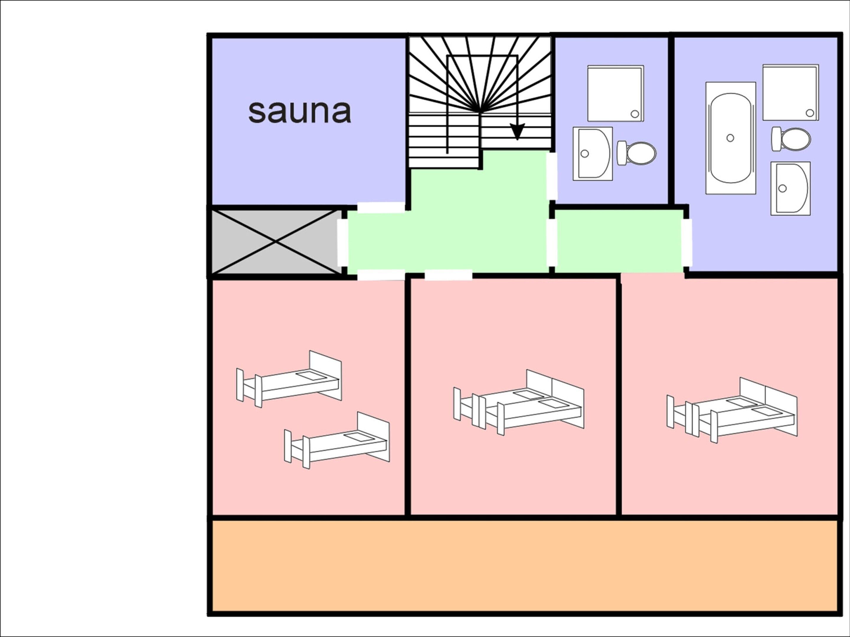Ein Grundriss mit Sauna, Bad und drei Schlafzimmern.