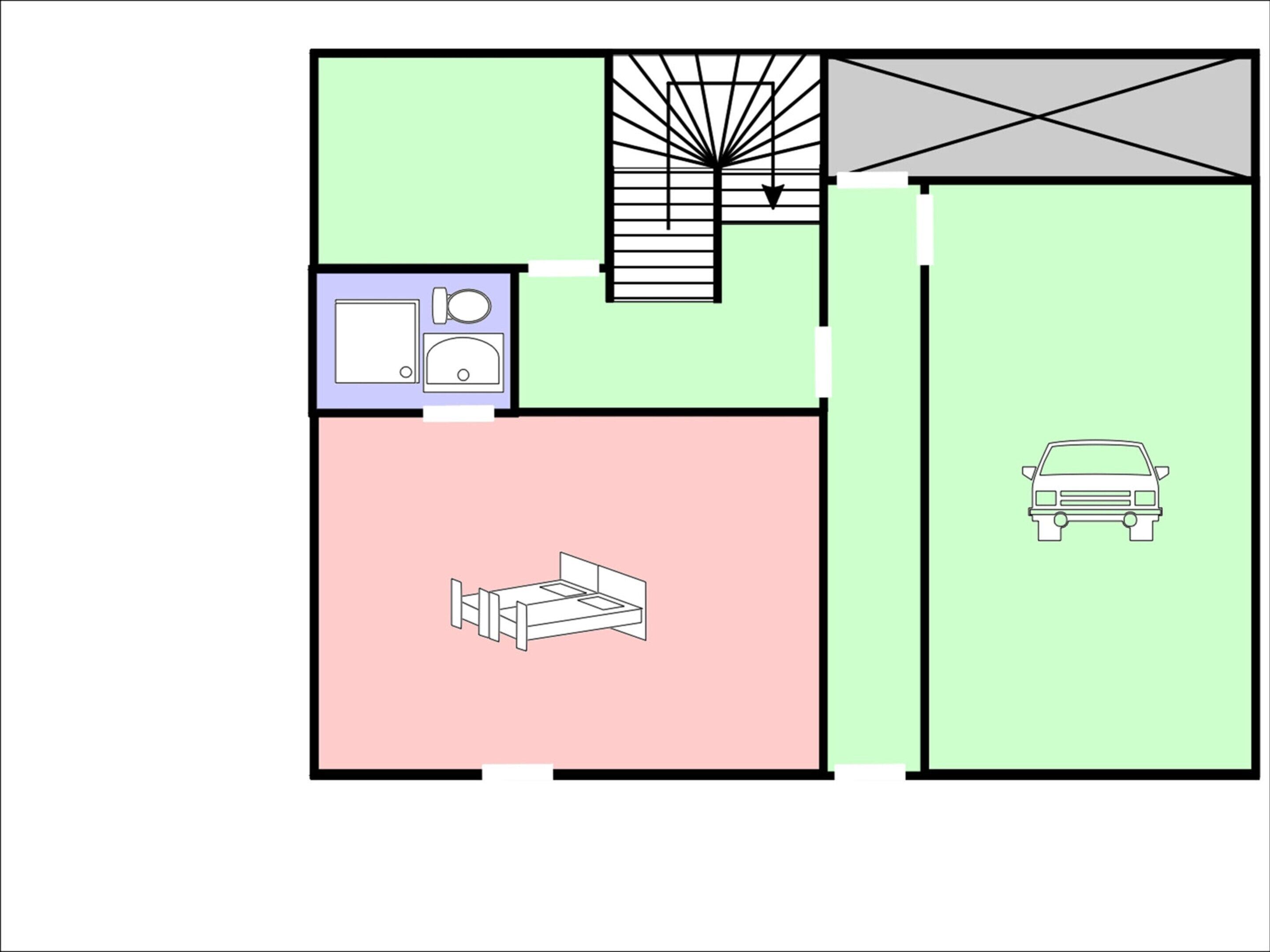 Pianta planimetrica con una camera da letto, bagno, cucina e area parcheggio.